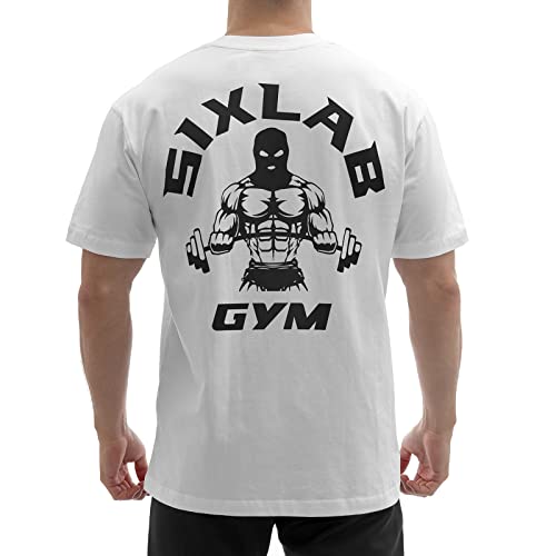 Sixlab Oversize Gym T-Shirt Herren Bodybuilding Loose Fit Oversized Muscle Basic Sport Fitness Tshirt (M, White/Black) von Sixlab