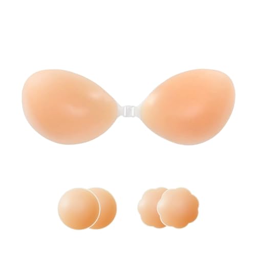 Klebe BH Push Up Trägerloser– Selbstklebender Rückenfreier BH für Frauen, mit Brustwarzenabdeckung Wiederverwendbarer Silikon-Stick on BH für A/B/C/D-Cup-BHS (Beige, C) von Sixome