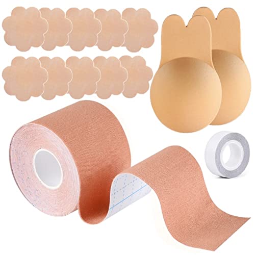 Sixome Klebe BH Push Up Set, Brüste Boob Tape mit 1 Paar Klebe BH Silikon und 5 Paar Brustaufkleber, Damen Bruststraffungsband Trägerloser, Klebend Brust Tape für Cup A-K von Sixome