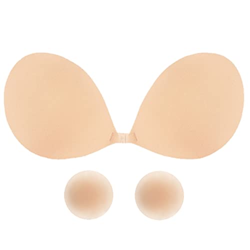 Sixome Klebe BH Rückenfrei Push up BH, Klebriger BH mit 1 Paar Silikon Nippelabdeckung, Wiederverwendbare Trägerloser Rückenfrei Unsichtbare BH für Abendkleid, Brautkleid (Beige-A) von Sixome