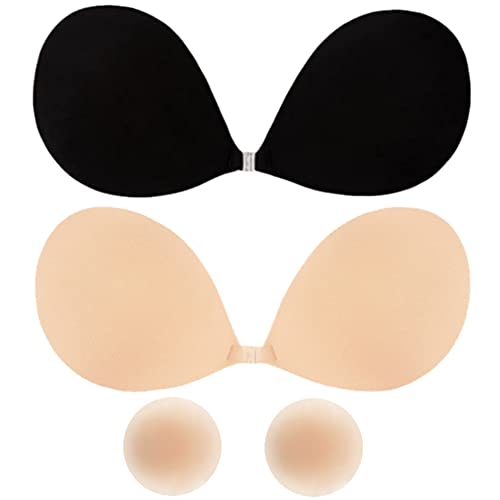 Sixome Klebe BH Rückenfrei Push up BH, Klebriger BH mit 1 Paar Silikon Nippelabdeckung, Wiederverwendbare Trägerloser Rückenfrei Unsichtbare BH für Abendkleid, Brautkleid (Schwarz & Beige-C) von Sixome