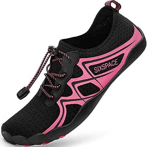 Sixspace Damen Herren Badeschuhe Wasserschuhe Schwimmschuhe Männer Frauen Strandschuhe Aquaschuhe Barfußschuhe für Strand,Pool,Meer,Wassersport,Tauchen,Surfen,Aqua Cycling (Schwarz/Pink,39 EU) von Sixspace