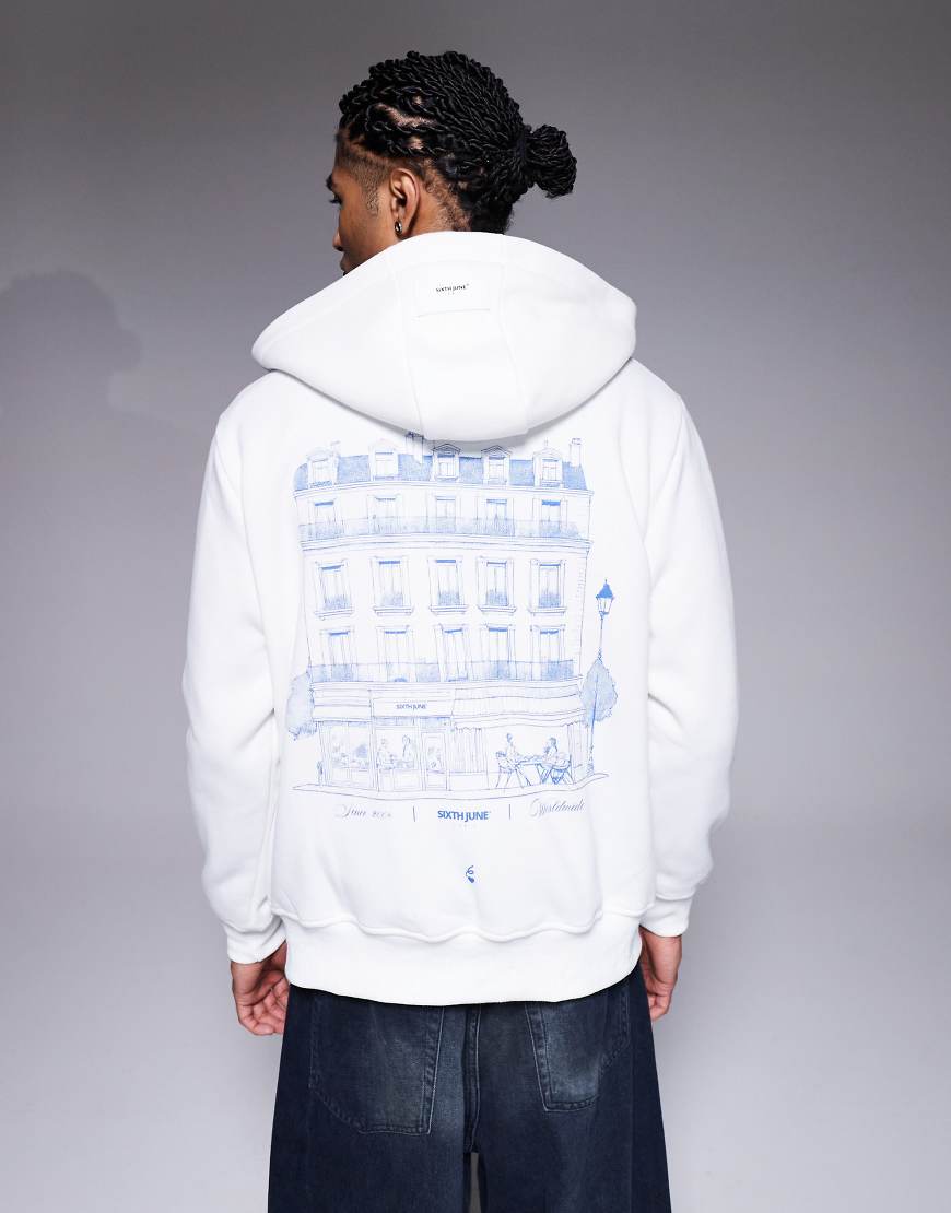 Sixth June - Cafe - Kapuzenjacke in Weiß mit durchgehendem Reißverschluss und Rückenprint von Sixth June