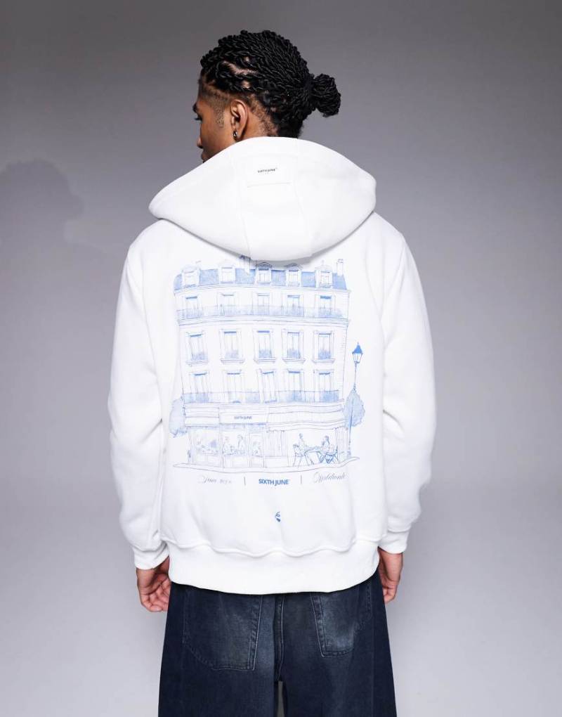 Sixth June - Cafe - Kapuzenjacke in Weiß mit durchgehendem Reißverschluss und Rückenprint von Sixth June