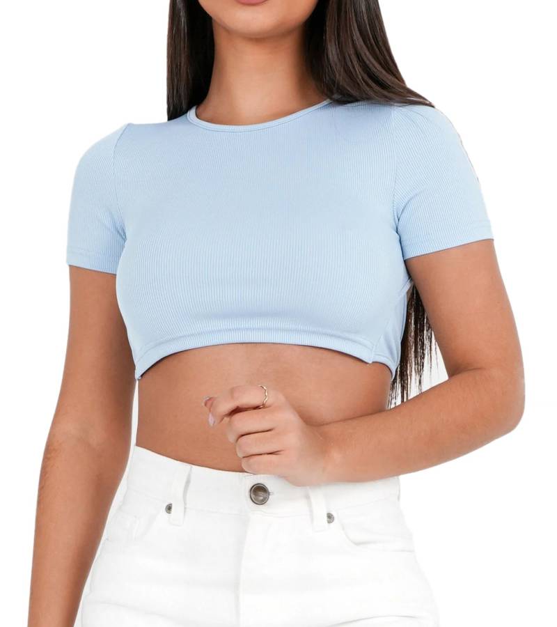 Sixth June Damen Crop-Top geripptes Sommer-Shirt mit Rückenausschnitt Kurzarm-Shirt W33854KTO-L Hellblau von Sixth June