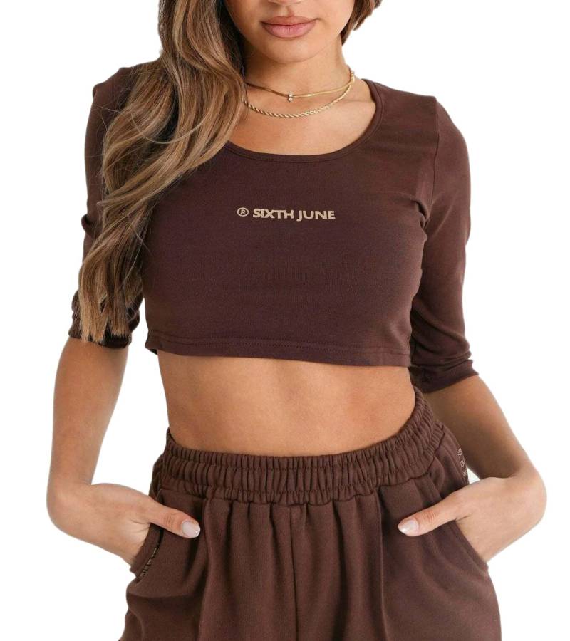 Sixth June Damen Cropped-Pullover mit kleiner Signatur Rundhals-Sweater W33718VTO Braun von Sixth June