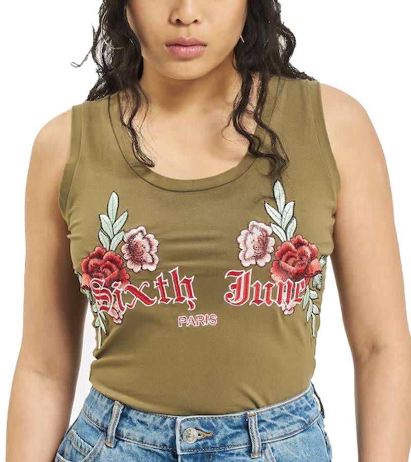 Sixth June Damen ärmelloser Bodysuit mit Blumen-Print Sommermode W3175VBO Khaki von Sixth June