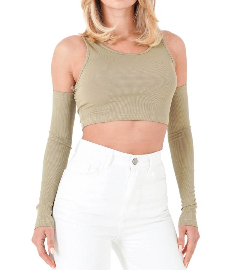Sixth June Damen geripptes Crop-Top Cropped-Pullover mit abnehmbaren Ärmeln Langarm-Shirt W34131KTO Grün von Sixth June