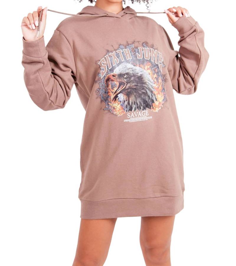 Sixth June Eagle Savage Damen Sweat-Kleid mit großem Adler-Print Pullover-Kleid mit Kapuze Langarm-Kleid 32648 Braun von Sixth June