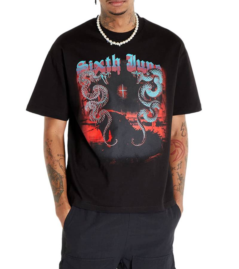 Sixth June Herren Baumwoll-Shirt Rundhals-Shirt mit farbigen Schlangen-Print T-Shirt 23971 Schwarz von Sixth June