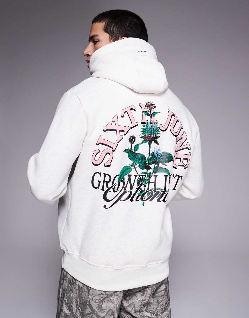 Sixth June - Kapuzenpullover in Grau mit botanischem Logoprint auf dem Rücken von Sixth June
