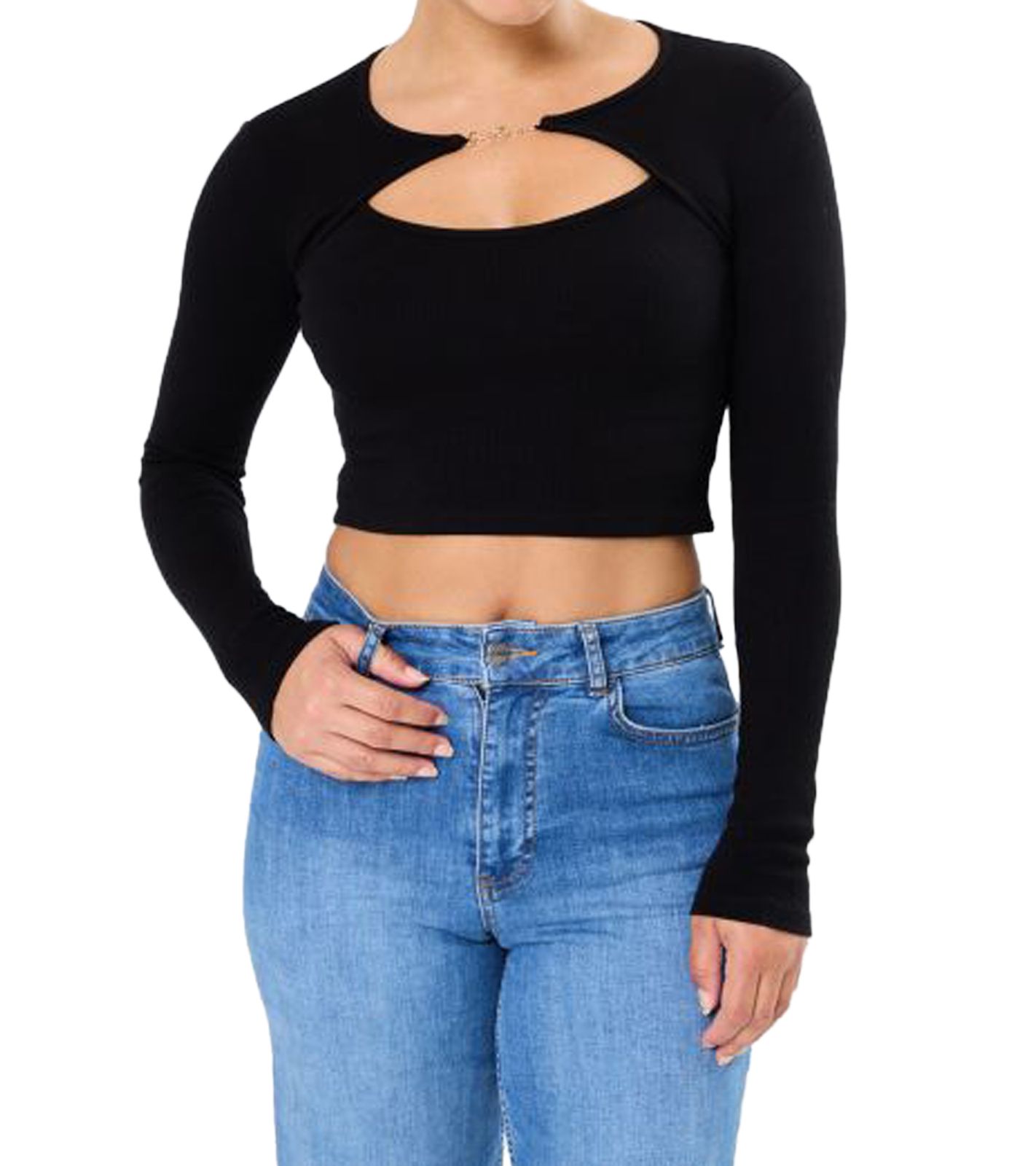 Sixth June Opening Top Damen Top mit Öffnung auf Brusthöhe Crop-Top geripptes Baumwoll-Shirt mit Applikation W12481KTO Schwarz von Sixth June