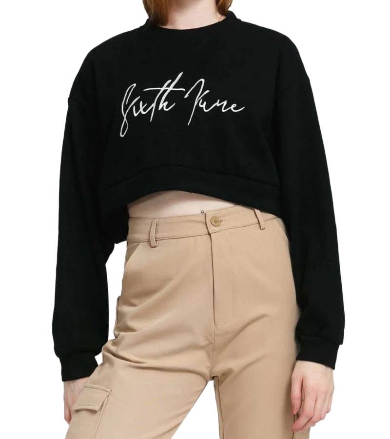 Sixth June Signature Damen Cropped-Pullover mit großer Signatur-Stickerei Rundhals-Sweater 32557 Schwarz von Sixth June