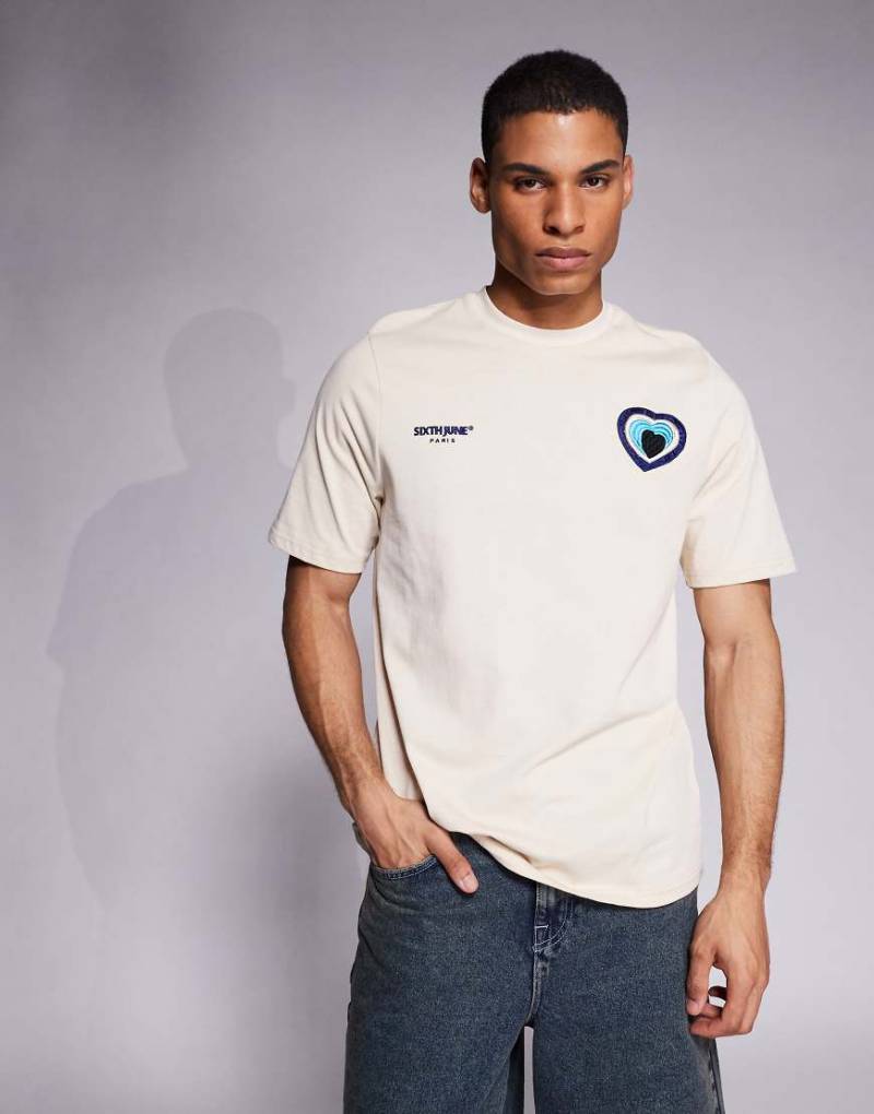 Sixth June - T-Shirt in Beige mit kontrastierendem aufgesticktem Herz-Detail-Neutral von Sixth June
