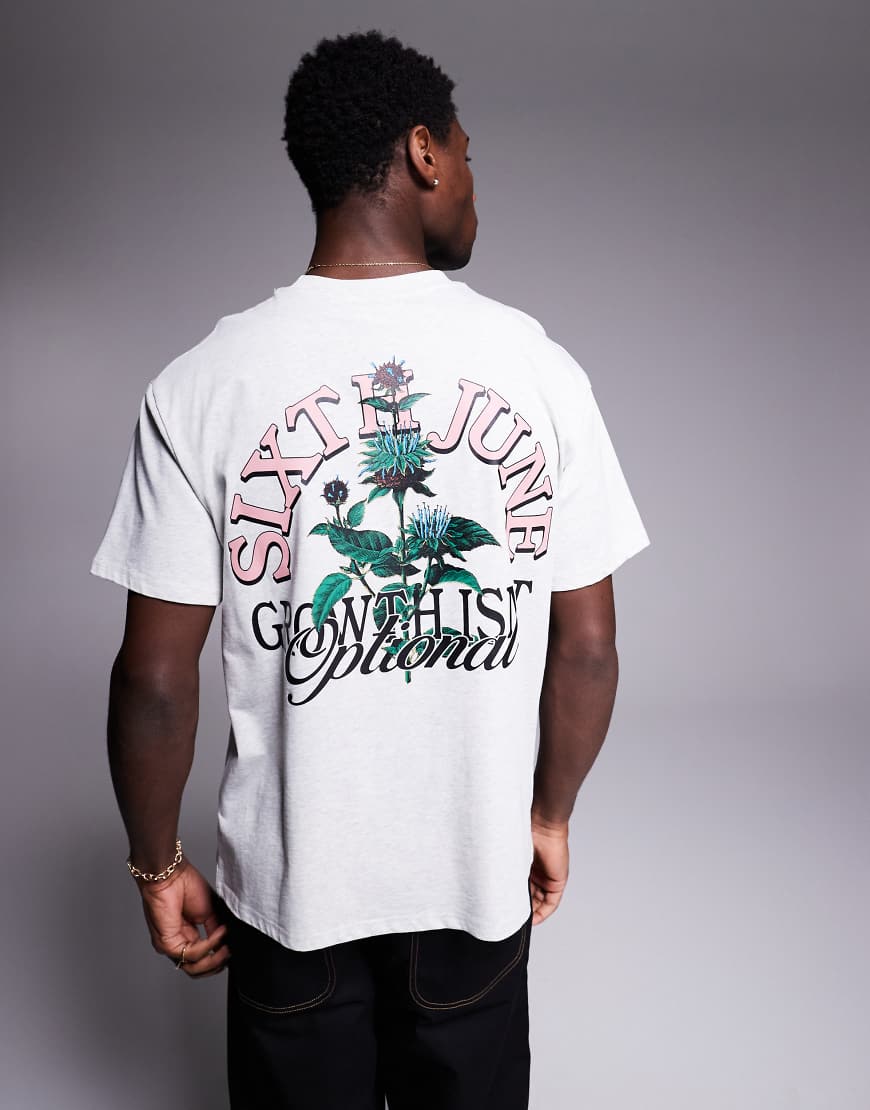 Sixth June - T-Shirt in Grau mit botanischem Logoprint auf dem Rücken von Sixth June