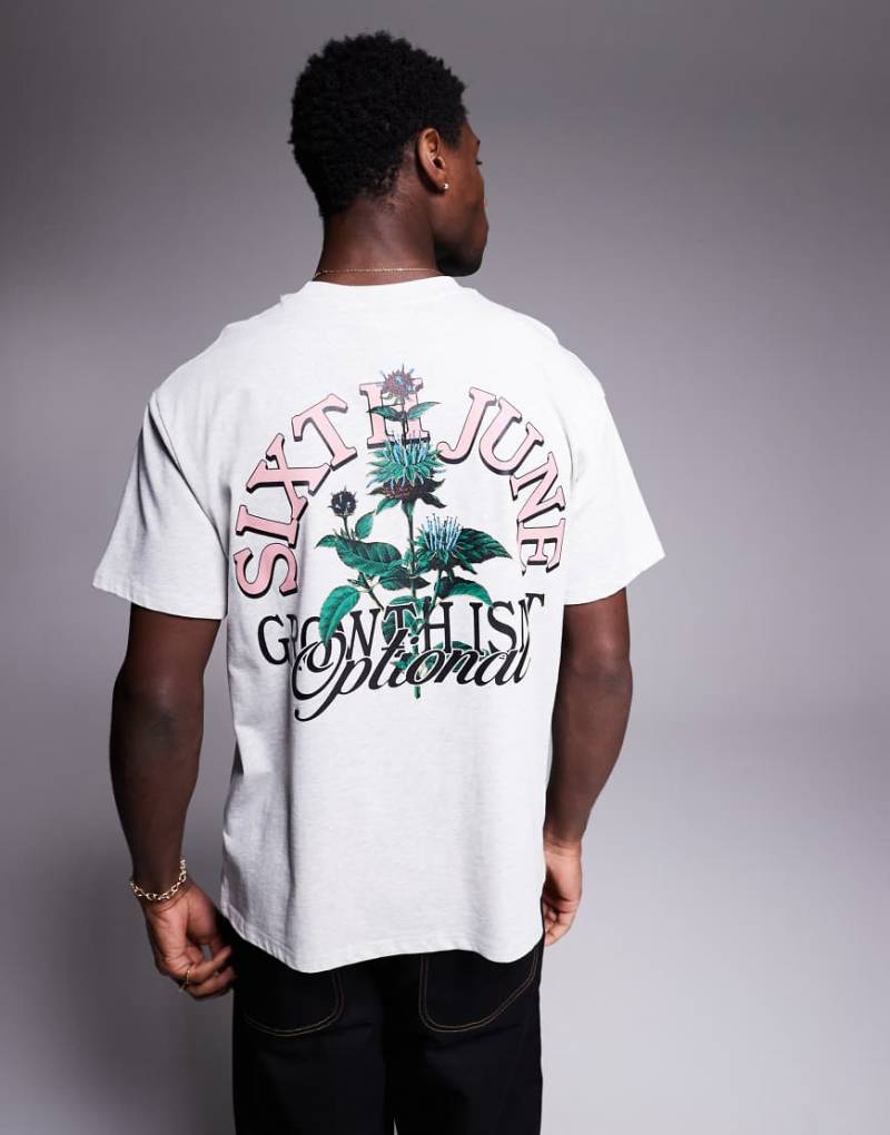 Sixth June - T-Shirt in Grau mit botanischem Logoprint auf dem Rücken von Sixth June
