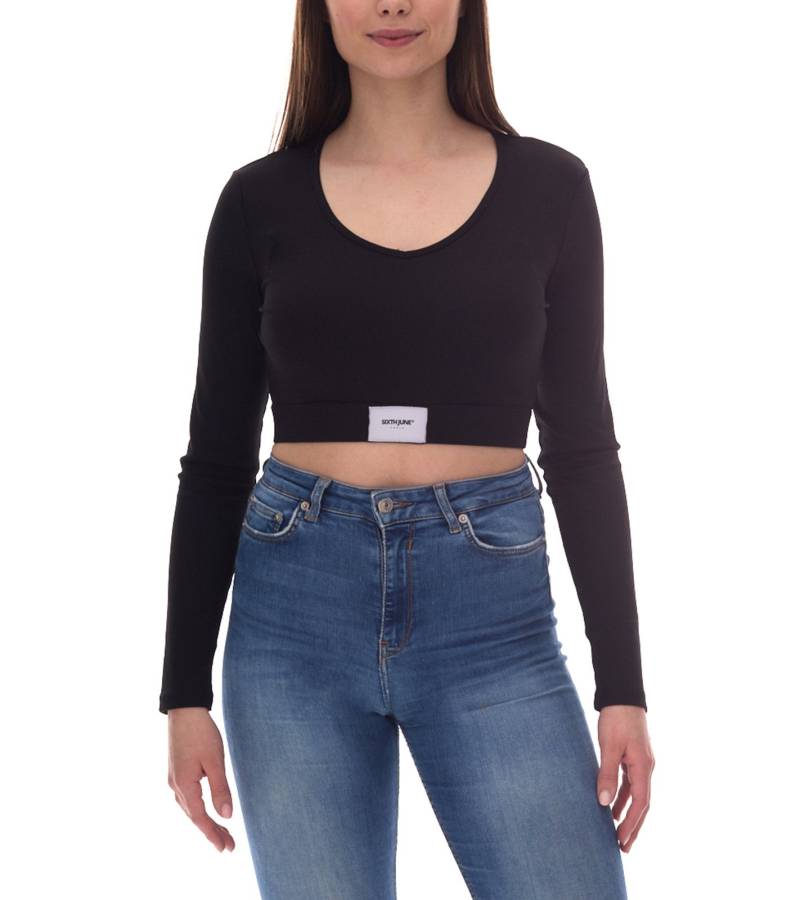 Sixth June V-Neck Damen Crop-Top mit elastischem Band und Label-Patch Langarm-Top geripptes Sommer-Shirt W34113KTO Schwarz von Sixth June