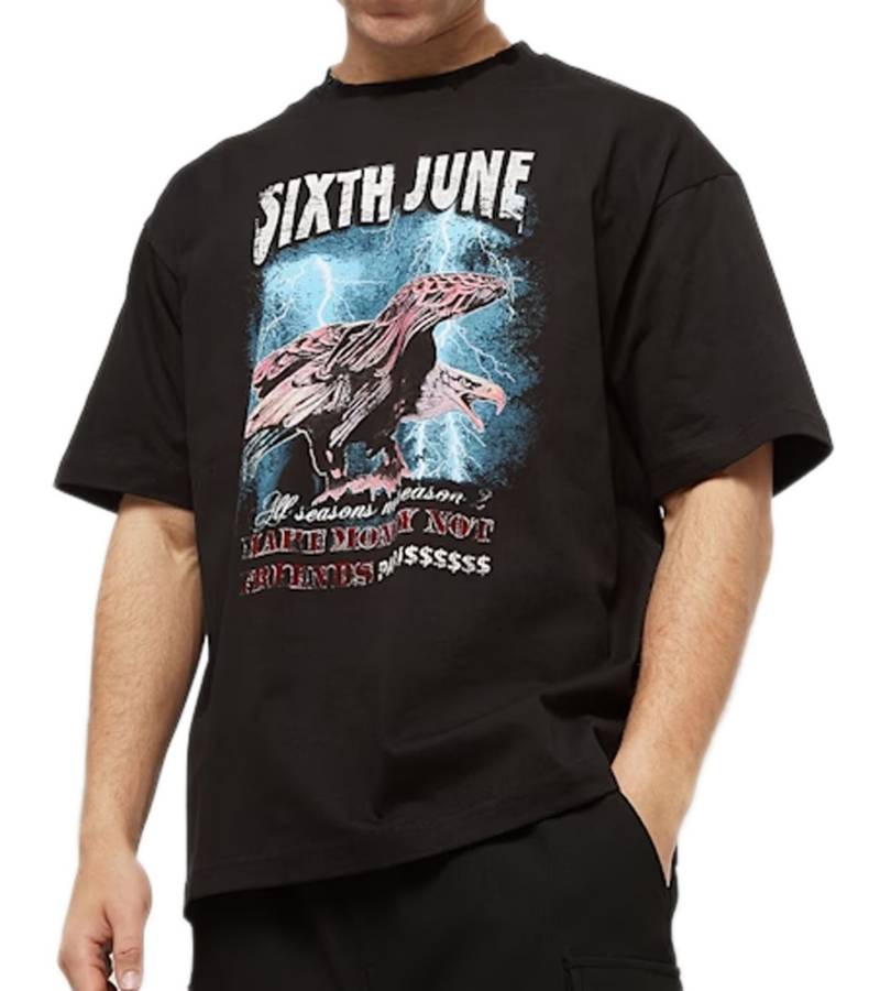 Sixth June Vintage Herren Baumwoll-Shirt Rundhals-Shirt mit farbigen Adler-Print T-Shirt M23742ETS Schwarz von Sixth June