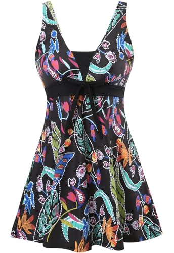 Sixyotie Badeanzug Damen Elegant Einteiliger Schwimmanzug Retro Strandmode Bademode Badeanzugkleid Baderock (Blackflower,3XL) von Sixyotie