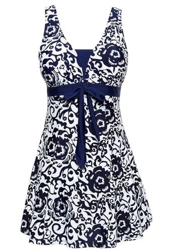 Sixyotie Badeanzug Damen Elegant Einteiliger Schwimmanzug Retro Strandmode Bademode Badeanzugkleid Baderock (Darkblue,L) von Sixyotie