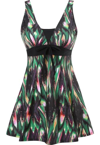 Sixyotie Badeanzug Damen Elegant Einteiliger Schwimmanzug Retro Strandmode Bademode Badeanzugkleid Baderock (Greenstripe,4XL) von Sixyotie