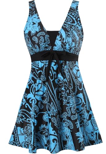 Sixyotie Badeanzug Damen Elegant Einteiliger Schwimmanzug Retro Strandmode Bademode Badeanzugkleid Baderock (Lakeblue,XXL) von Sixyotie