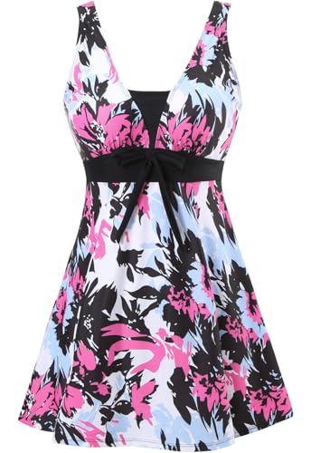 Sixyotie Badeanzug Damen Elegant Einteiliger Schwimmanzug Retro Strandmode Bademode Badeanzugkleid Baderock (Pinkflower,XXL) von Sixyotie