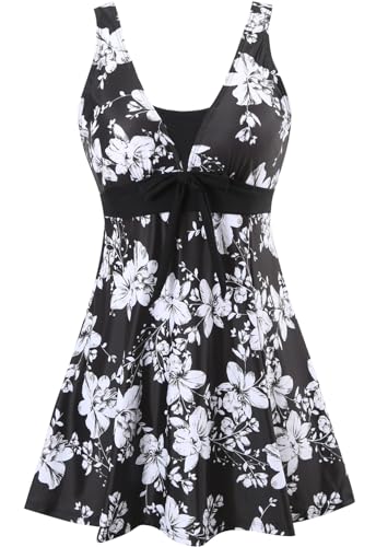 Sixyotie Badeanzug Damen Elegant Einteiliger Schwimmanzug Retro Strandmode Bademode Badeanzugkleid Baderock (Whiteflower,XXL) von Sixyotie