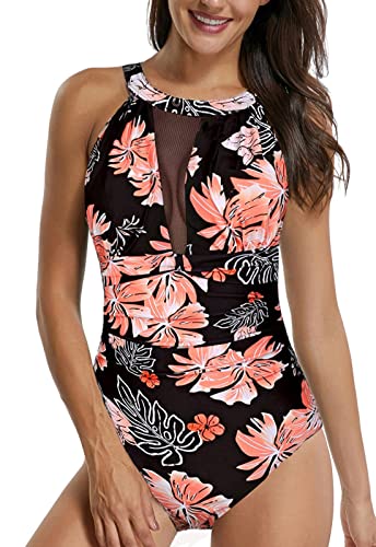 Sixyotie Badeanzug Schwimmanzug Damen Einteiler Schlankheits Raffung High Neck Bademode Strandmode (Orange Leaf Printed, L) von Sixyotie