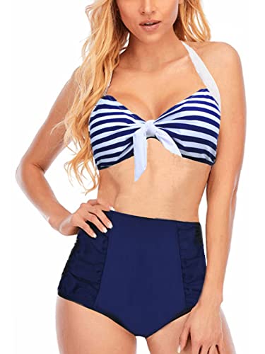 Sixyotie Damen Bikini Set Streifen Pin Up Padded Bademode Strand Bikinioberteil Badeanzüge Bikinis für Mädchen (Stripeblue, 3XL) von Sixyotie