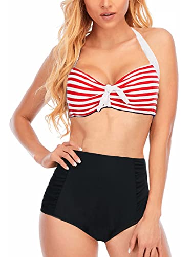 Sixyotie Damen Bikini Set Streifen Pin Up Padded Bademode Strand Bikinioberteil Badeanzüge Bikinis für Mädchen (Stripered, 3XL) von Sixyotie