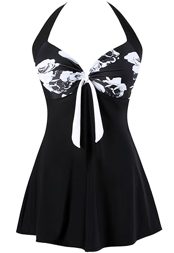 Sixyotie Damen Einteiler Badekleid Blumen Muster Gepolstert Badeanzug mit Shorts Große Größen Bademode (Black Flower,5XL) von Sixyotie