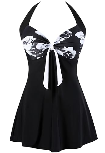 Sixyotie Damen Einteiler Badekleid Blumen Muster Gepolstert Badeanzug mit Shorts Große Größen Bademode (Black Flower,XL) von Sixyotie