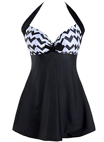 Sixyotie Damen Einteiler Badekleid Blumen Muster Gepolstert Badeanzug mit Shorts Große Größen Bademode (Black Wave, 5XL) von Sixyotie