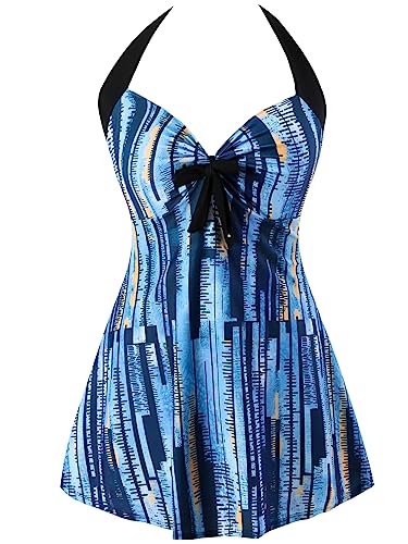 Sixyotie Damen Einteiler Badekleid Blumen Muster Gepolstert Badeanzug mit Shorts Große Größen Bademode (Darkblues, 3XL) von Sixyotie