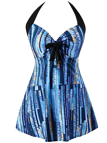 Sixyotie Damen Einteiler Badekleid Blumen Muster Gepolstert Badeanzug mit Shorts Große Größen Bademode (Darkblues, XL) von Sixyotie