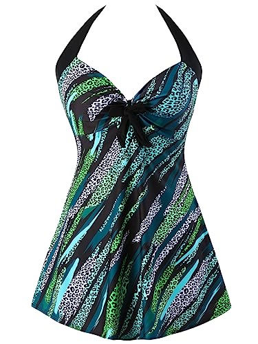Sixyotie Damen Einteiler Badekleid Blumen Muster Gepolstert Badeanzug mit Shorts Große Größen Bademode (Leopardblue, 4XL) von Sixyotie