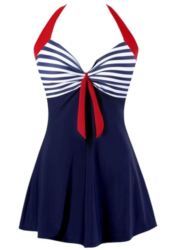 Sixyotie Damen Einteiler Badekleid Blumen Muster Gepolstert Badeanzug mit Shorts Große Größen Bademode (Navy, L) von Sixyotie