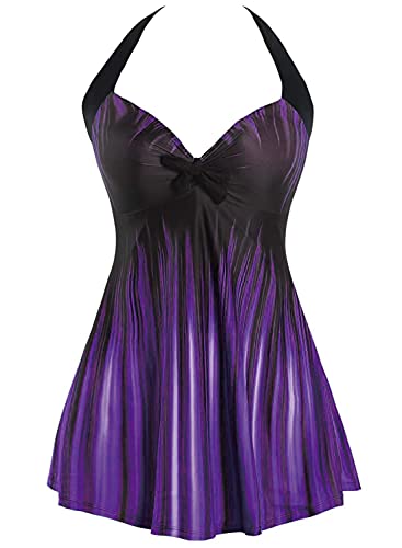 Sixyotie Damen Einteiler Badekleid Blumen Muster Gepolstert Badeanzug mit Shorts Große Größen Bademode (Purple, 4XL) von Sixyotie