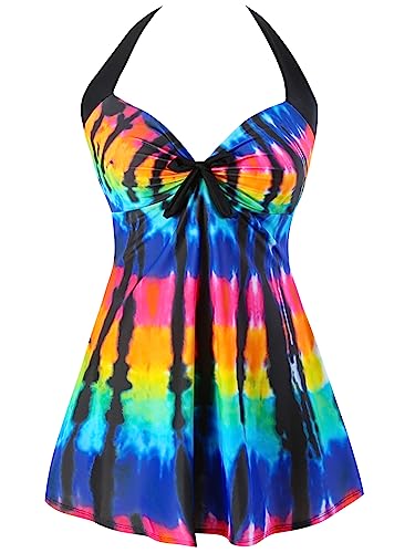 Sixyotie Damen Einteiler Badekleid Blumen Muster Gepolstert Badeanzug mit Shorts Große Größen Bademode (Rainbow, 4XL) von Sixyotie