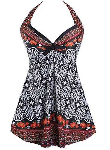Sixyotie Damen Einteiler Badekleid Blumen Muster Gepolstert Badeanzug mit Shorts Große Größen Bademode (Retro, 2XL) von Sixyotie