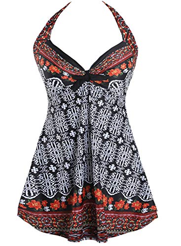 Sixyotie Damen Einteiler Badekleid Blumen Muster Gepolstert Badeanzug mit Shorts Große Größen Bademode (Retro, XL) von Sixyotie