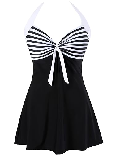 Sixyotie Damen Einteiler Badekleid Blumen Muster Gepolstert Badeanzug mit Shorts Große Größen Bademode (Whiteblack, XXL) von Sixyotie