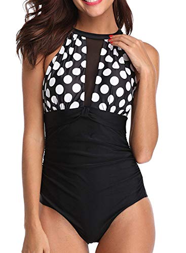 Sixyotie Damen Schlankheits Badeanzug netzartiger Einteiler High Neck One Piece Bademode Strandmode Schwimmanzug (dot, EU 42/44 (Herstellergröße: XL)) von Sixyotie