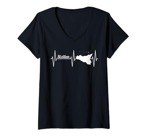 Damen Sizilien Insel Karte EKG Herzschlag Linie Italien Urlaub T-Shirt mit V-Ausschnitt von Sizilien Geschenke Für Erwachsene Und Kinder