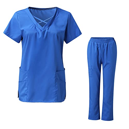 Sizoer 2-Teiliges Set Damen Pflege Kasacks Mit Hosen Slim Fit Einfarbig Kurzarm V-Ausschnitt Pflege-Top Anzuge Breite Beine Cargo-Hose Mit Taschen Hosenanzug Uniform Set Kasacks Sets L von Sizoer