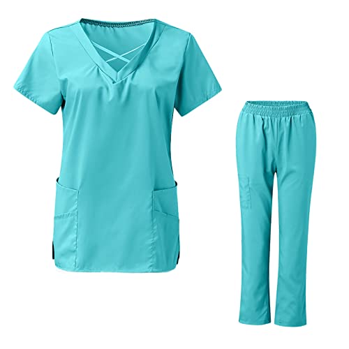 Sizoer 2-Teiliges Set Damen Pflege Kasacks Mit Hosen Slim Fit Einfarbig Kurzarm V-Ausschnitt Pflege-Top Anzuge Breite Beine Cargo-Hose Mit Taschen Hosenanzug Uniform Set Kasacks Sets M von Sizoer