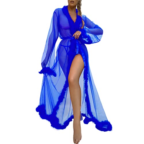 Sizoer Bademäntel Für Damen Kimono Transparent Spitze Morgenmantel Feder Robe Nachtwäsche Sexy Chiffon Dessous Langes Maxi Kleid Schwangerschafts Umstandskleid Mit Gürtel von Sizoer