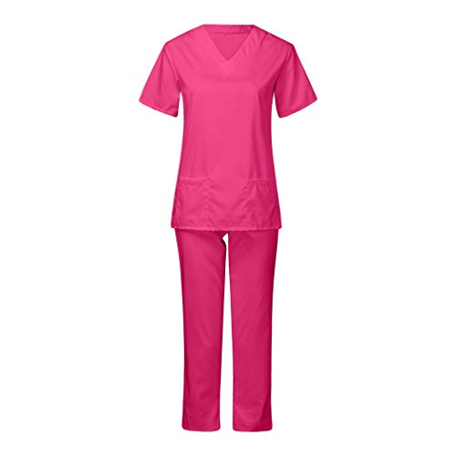 Sizoer Damen 2-teiliges Set Einfarbig Kurzarm Casual V-Ausschnitt Top und Hose mit Taschen, Pflege Kasack und Hosen Pflegebekleidung Arbeitsuniform Set, Pflegeuniform Berufsbekleidung Schrubb-Set von Sizoer