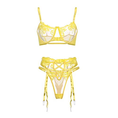 Sizoer Damen Dessous Sexy Set Mit Strumpfgürtel Spitze 3-Teiliges Strumpfband Dessous Riemchen Bralette Und Panty Set Aufgestickte Blumen Curvy Sexy Schlafanzug Reizwäsche Dessous Set von Sizoer